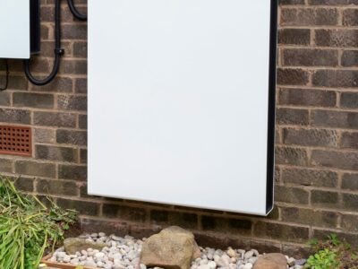 York, UK - June 25 2022: Tesla Powerwall 2 and Backup Gateway 2 installed on a brick house wall